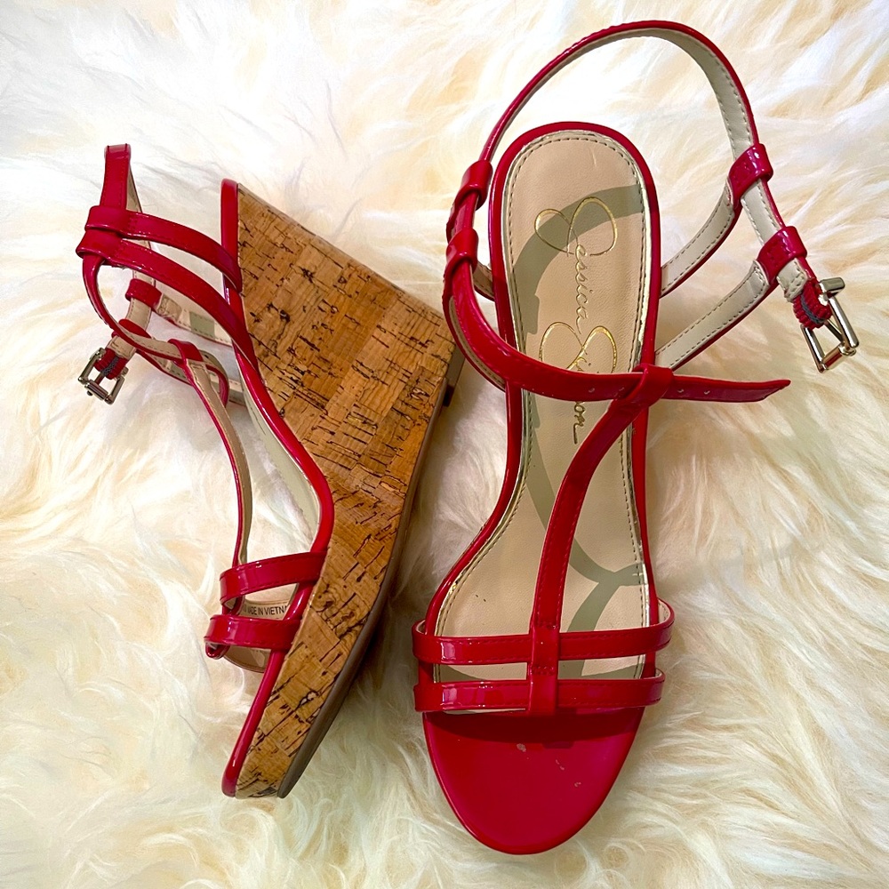Red summer wedges with straps
